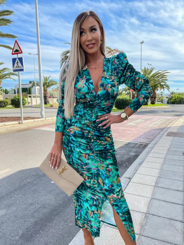 Rachel Turquoise Multi Print Long Sleeve Midi Dress